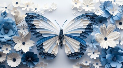A blue butterfly with vibrant wings flutters against a clear blue background
