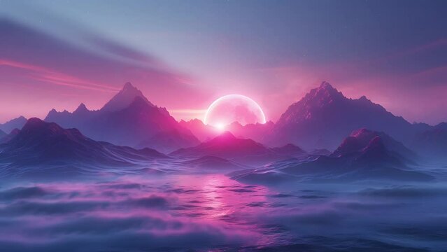 Breathtaking Sunrise Over Misty Mountains: A Vibrant Display of Colors Reflecting on Calm Waters Amidst a Starry Sky