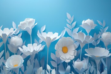 Paper craft flowers in white and shades of blue on a blue background.