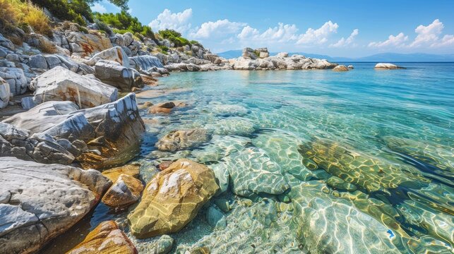 Aegean seashore and marble rocks in Aliki, Thassos island, Greece