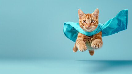 superhero cat with blue cloak , Cute orange tabby kitty flying