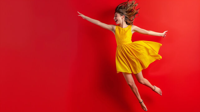 Happy young woman in yellow dress jumping on red color background professional photography