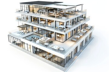 3D Render of contemporary hotel building with multiple floors, rooftop pool, and outdoor dining area, on isolated white background, Generative AI