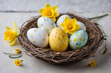 White yellow easter eggs in a bird nest basket and yellow daffodils flowers on the side