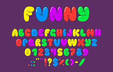 Cute bubble font, funny playful typeface, summer english alphabet, cartoon comic type. Bubblegum font typeset letters and digits, funny latin alphabet vector figures and numbers, childish English ABC - obrazy, fototapety, plakaty
