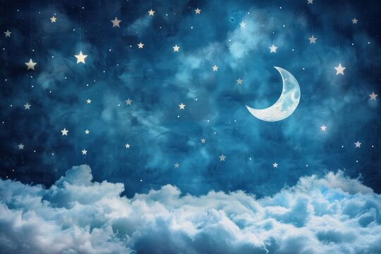 Night sky with crescent moon and stars on clouds.