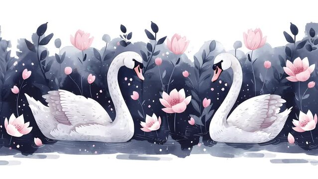 Elegant Swans Amidst Blooming Pink Flowers and Lush Greenery