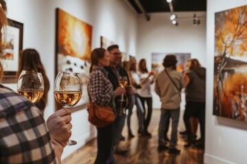 A diverse group of individuals standing in a room, each holding a wine glass as they engage in conversation and admire the artwork around them - obrazy, fototapety, plakaty