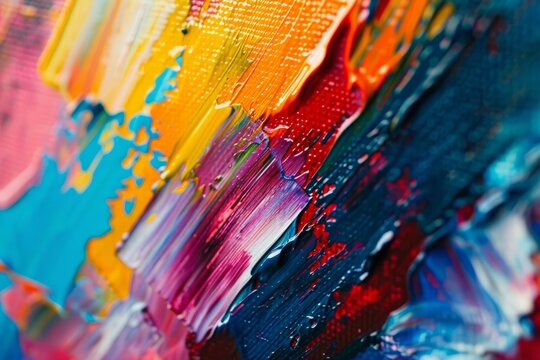 Detailed view of a vibrant and abstract painting bursting with bold colors and expressive brushstrokes