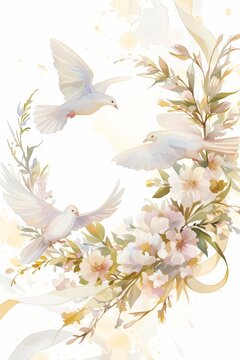 Watercolor frame with pastel flowers and white doves, ribbon, for wedding stationery, invitation, card, album, cover. Love, romance, classic style