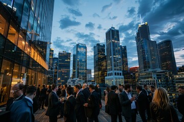 A group of professionals standing on top of a roof during a networking event in a bustling urban setting