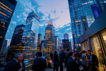 Group of professionals standing on rooftop, networking at a bustling urban event against cityscape backdrop