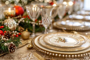 Fototapeta na wymiar A beautifully decorated Christmas table set with gold and white plates, sparkling glassware, and festive centerpieces