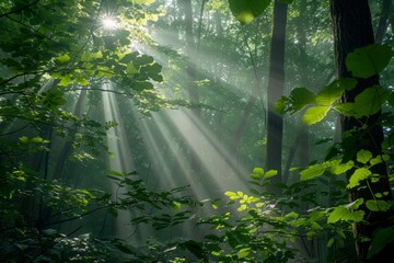Lush green canopy of dense forest captured with sunlight filtering through leaves and branches, illuminating the scene