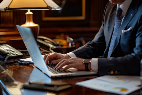 A man sitting at a desk, using a laptop computer to make critical decisions and weigh options