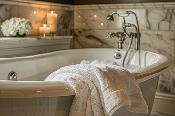 A white bathtub sitting next to a window in a luxurious bathroom with marble tiles and sleek fixtures, complemented by soft towels and candles