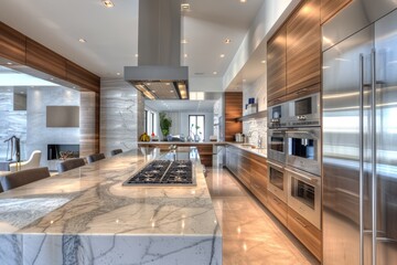 A wide-angle shot of a sleek and contemporary kitchen featuring marble countertops, stainless steel appliances, and minimalist design elements