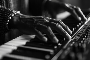 A detailed view of a musicians hands skillfully playing the piano keys with focus and precision