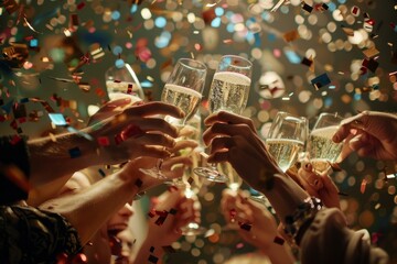 A group of hands raising glasses in a celebratory toast with champagne in a commercial New Years Eve setting
