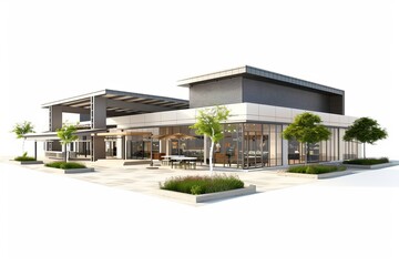 3D Render of modern retail plaza with storefronts, pedestrian walkways, and landscaped areas, on isolated white background, Generative AI