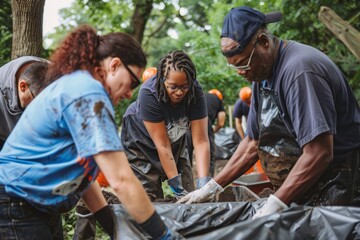 A diverse group of individuals actively engaged in working together on a community project like cleaning a park or serving meals at a local shelter - obrazy, fototapety, plakaty