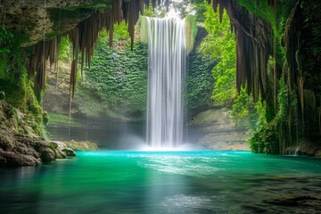 A large waterfall with crystal-clear water plunging into a pool surrounded by moss-covered rocks in the middle of a lush forest