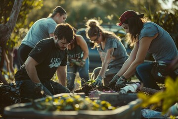 A diverse group of volunteers actively gardening together in a community project, tending to plants and maintaining the garden - obrazy, fototapety, plakaty