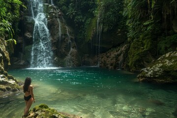 A woman wearing a bikini stands in front of a majestic waterfall, surrounded by moss-covered rocks as crystal-clear water cascades into a pool below - Powered by Adobe