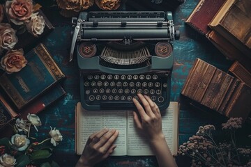 A persons hands typing on an old-fashioned typewriter with a stack of books and inspirational quotes in the background - obrazy, fototapety, plakaty
