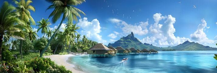 Idyllic Tahitian Scenery: Palms, Canoes, and Overwater Bungalows - obrazy, fototapety, plakaty