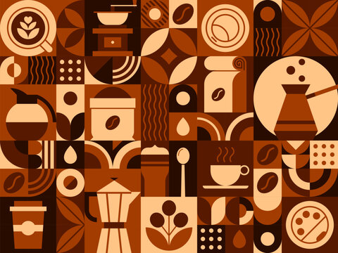 Fototapeta Hot coffee drink abstract geometric pattern. Geometrical shape composition, retro vector background or corporate identity abstract pattern with coffee bean, leaf, turkish jezve, takeaway paper cup