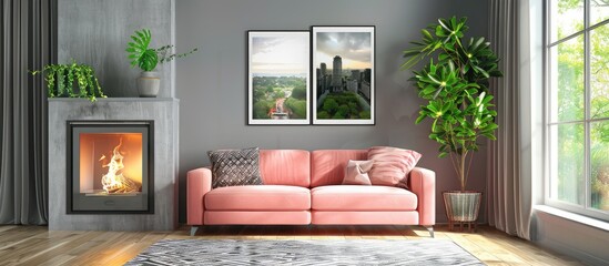Grey Living Room Interior with Plant Next to Pink Couch and Poster Above Fireplace - Authentic Photograph - obrazy, fototapety, plakaty