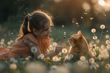 happy girl and her cat 