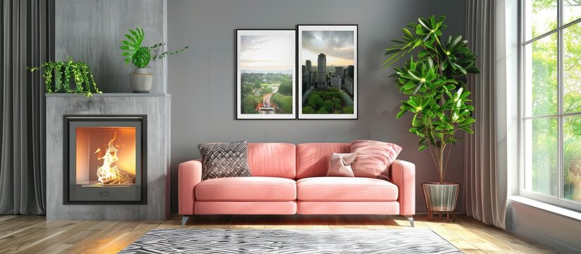 Grey Living Room Interior with Plant Next to Pink Couch and Poster Above Fireplace - Authentic Photograph