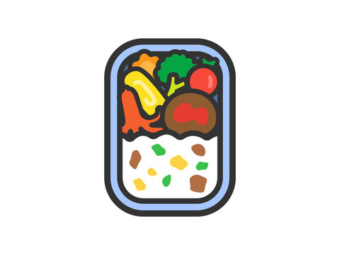 recommend clip art: 水色の弁当箱に入った、お弁当のアイコン（線画カラー）のイラスト