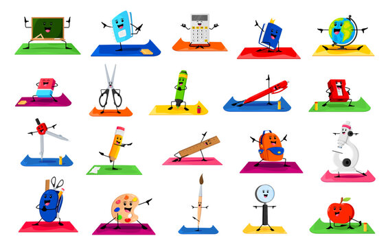 Cartoon school supply characters on yoga fitness sport. Vector blackboard, notebook, calculator and textbook. Globe, eraser, scissors, felt-tip pen and pencil sharpener with pen. Compass, ruler, loupe