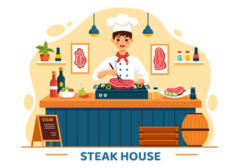 Steakhouse Vector Illustration with Restaurant that Provides Grilled Meat with Juicy Delicious Steak, Salad and Tomatoes for Barbecue in Background
