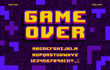 8-bit game pixel font, geometric type, abstract computer typeface, english alphabet. Retro game console font typeset, English ABC vector pixelated letters and digits or alphabet 8bit mosaic symbols © Buch&Bee