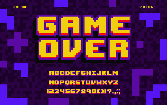8-bit game pixel font, geometric type, abstract computer typeface, english alphabet. Retro game console font typeset, English ABC vector pixelated letters and digits or alphabet 8bit mosaic symbols
