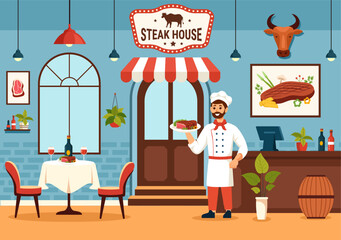Naklejka premium Steakhouse Vector Illustration with Restaurant that Provides Grilled Meat with Juicy Delicious Steak, Salad and Tomatoes for Barbecue in Background