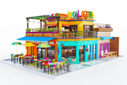 3D Render of vibrant restaurant complex with outdoor seating, colorful signage, and lively atmosphere, on isolated white background, Generative AI