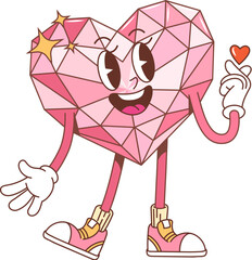 Cartoon groovy Valentine heart gem happy in love, vector retro comic art. 70s hippie groovy heart character as diamond gemstone shining with happy smile for Valentine holiday emoji or wedding