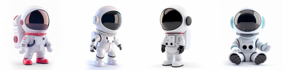 Obraz na płótnie Canvas Four different poses of a cute cartoon astronaut character in a white space suit with ample copy space, ideal for concepts about space exploration, technology, and science education for children