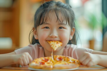 Adorable Young Girl Enjoying a Cheesy Slice of Pizza with a Delighted Expression in a Brightly Lit Restaurant