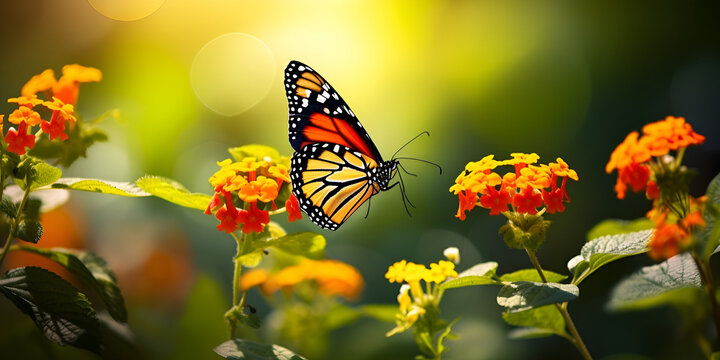 butterfly on a flower, a butterfly that is sitting on a flower, Beautiful image in nature of monarch butterfly on lantana flower, Generative AI