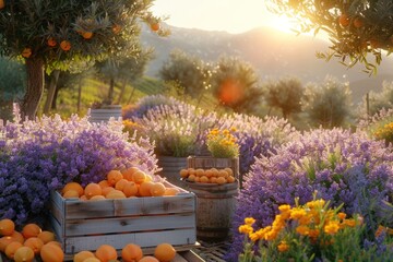 Rustic scene with lavender blooms and crates of fresh oranges in the sunset.