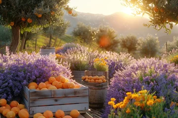 Fototapeten Rustic scene with lavender blooms and crates of fresh oranges in the sunset. © evgenia_lo
