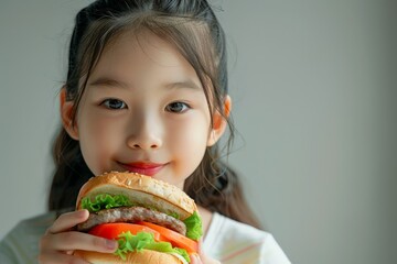 Smiling Young Girl Holding A Large Delicious Burger With Fresh Lettuce And Tomatoes - Healthy Eating Habits Concept