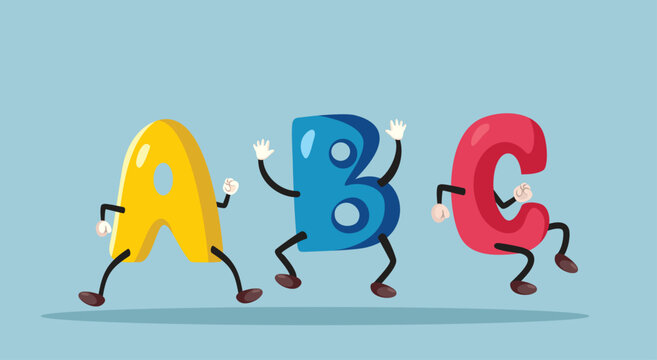 Happy A, B, C Letters Dancing Vector Characters. Cheerful uppercase characters moving around having fun 
