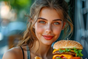 Smiling Young Woman Holding a Delicious Cheeseburger at an Outdoor Cafe